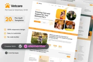 VetCare – Pet Care & Veterinary Elementor Template Kit for Animal Clinics