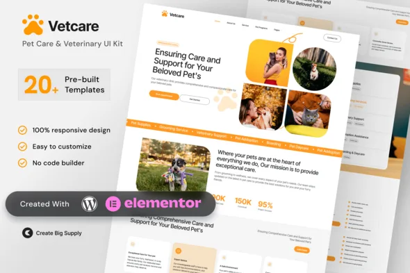 vetcare pet care veterinary elementor template kit for animal clinics 1