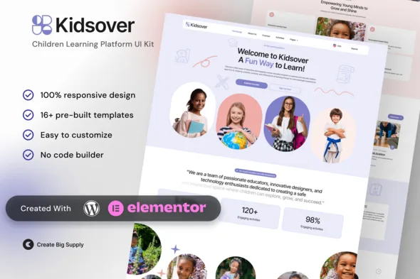 kidsover childrens learning platform elementor template kit