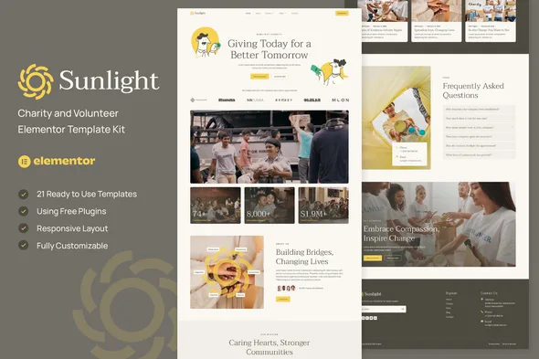 sunlight charity and volunteer elementor template kit 1