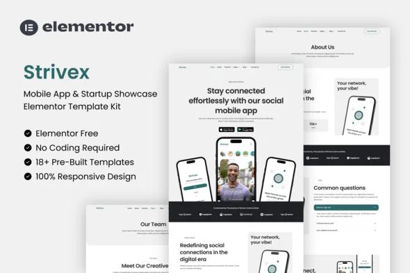 strivex mobile app startup showcase elementor template kit 1