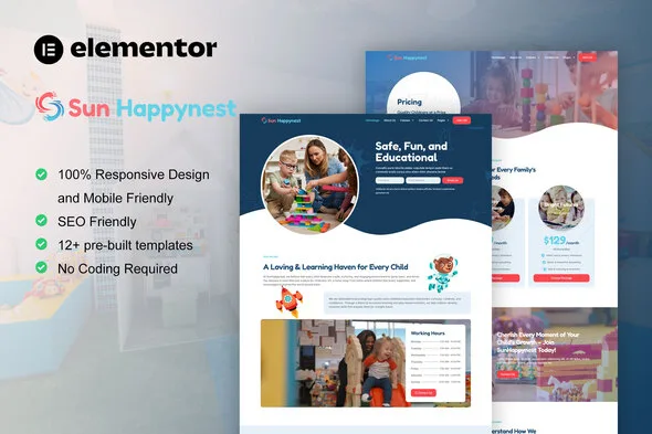 sunhappynest kindergarten child care elementor pro template kit 1