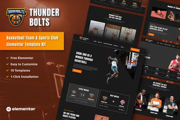 thunderbolts basketball team sports club elementor template kit 1