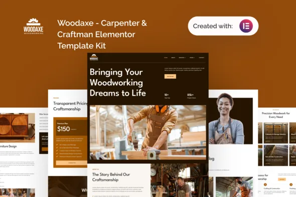 woodaxe carpenter craftman elementor template kit 1