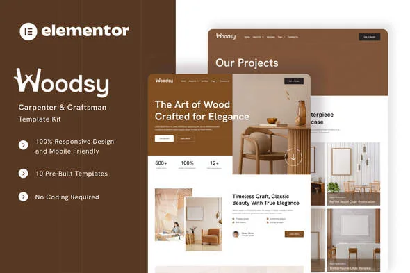 woodsy carpenter craftsman elementor template kit 1