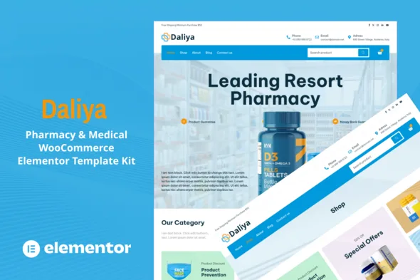 daliya pharmacy medical store woocommerce elementor pro template kit 1