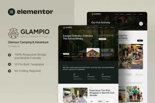 glampio glamour camping adventure elementor template kit 1