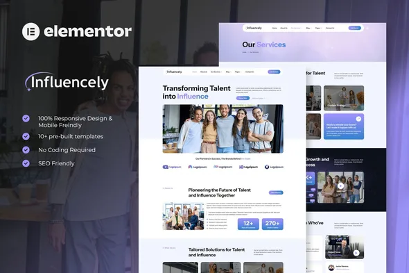 influencely influencer talent agency elementor template kit 1