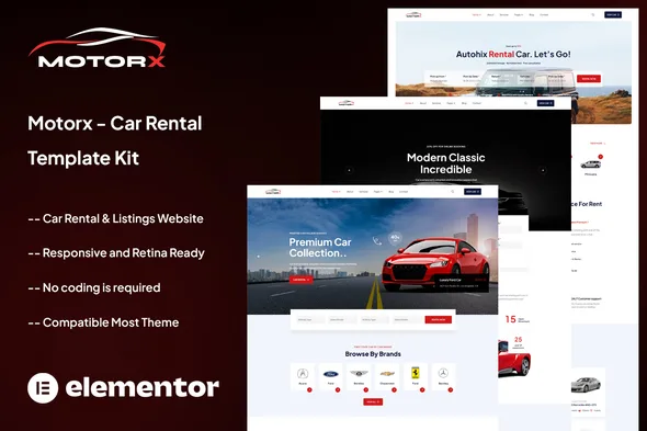 motorx car rental elementor template kit 1