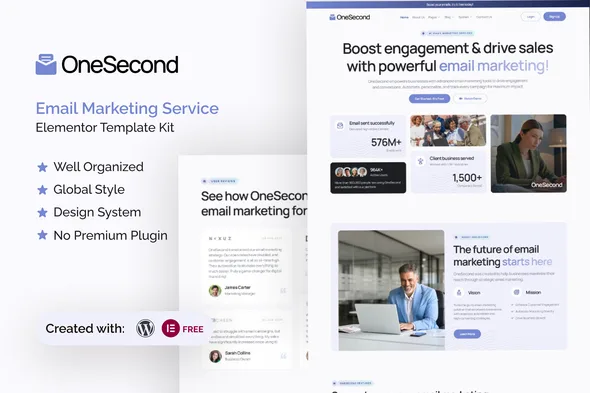 onesecond email marketing service elementor template kit 1