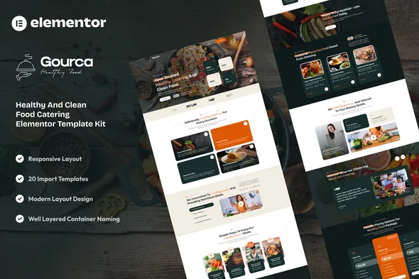 gourca healthy clean food catering elementor template kit 1