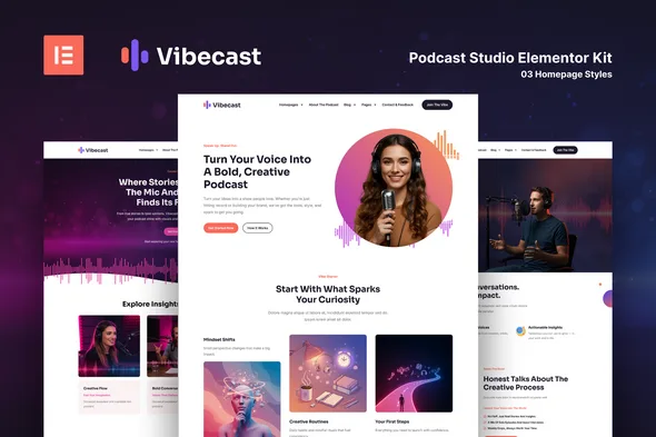 vibecast podcast studio elementor pro template kit 1