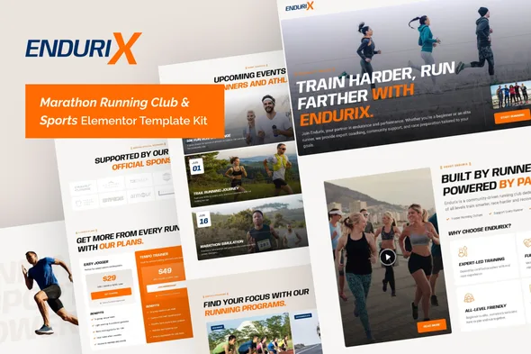 endurix marathon running club sports elementor template kit 1