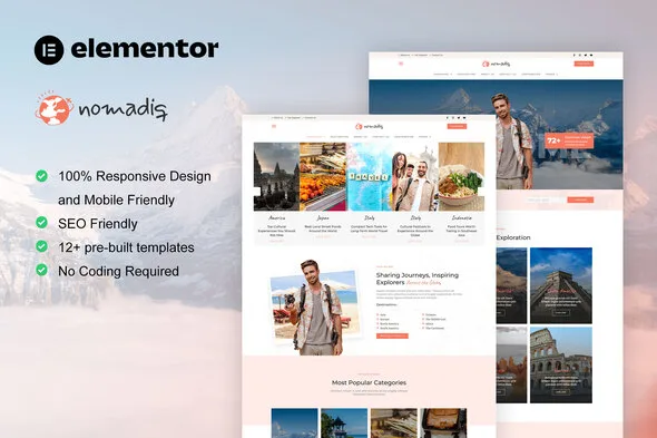nomadiq travel blog magazine elementor pro template kit 1