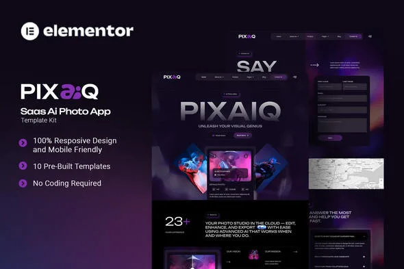 pixaiq saas ai photo app elementor template kit 1