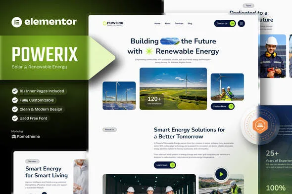 powerix solar renewable energy elementor template kit 1