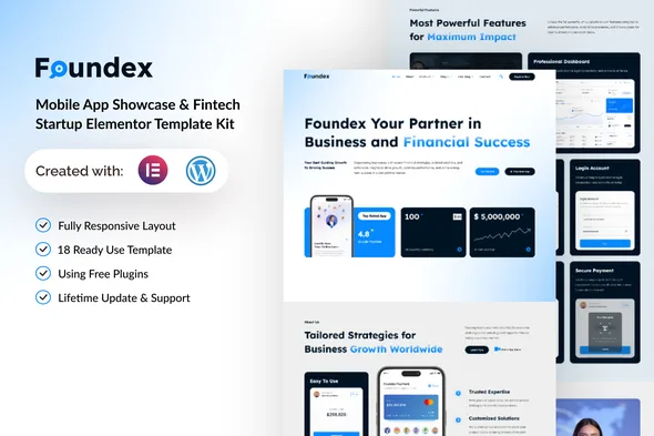 foundex mobile app showcase fintech startup elementor template kit 1