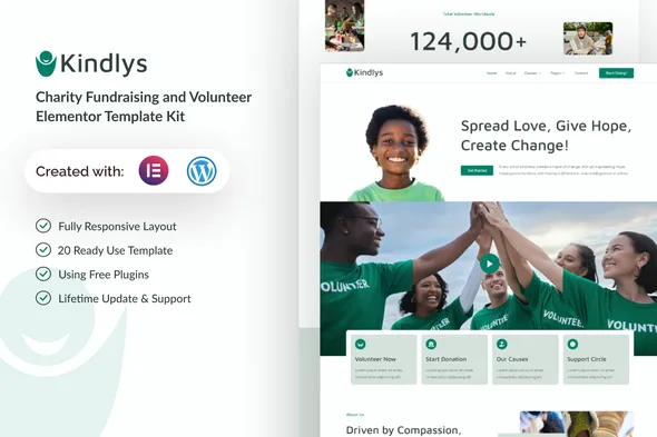 kindlys charity fundraising volunteer elementor template kit 1