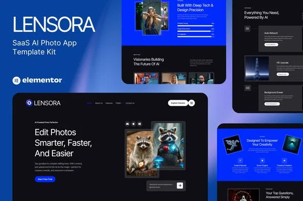 lensora saas ai photo app website elementor template kit 1
