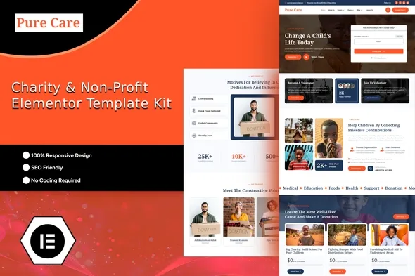 purecare charity elementor template kit 1