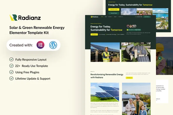 radianz solar green renewable energy elementor template kit 1