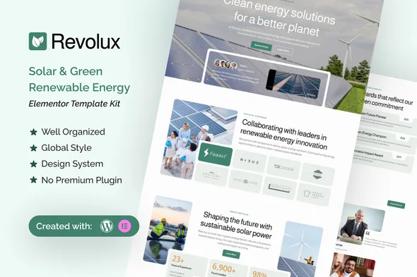 revolux solar green renewable energy elementor template kit 1