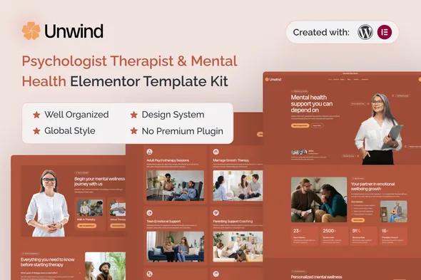 unwind psychologist therapist mental health elementor template kit 1