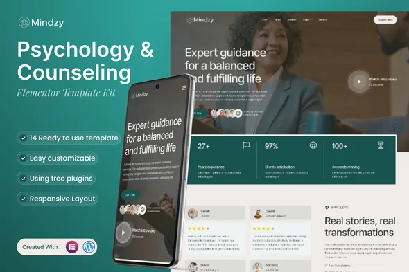 mindzy psychology counseling elementor template kit 1