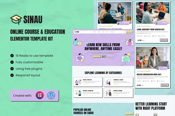 sinau online course education elementor template kit 1