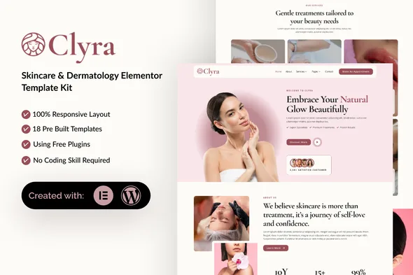 clyra skincare dermatology elementor template kit 1