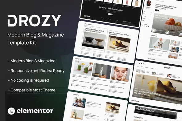drozy modern blog magazine elementor pro template kit 1