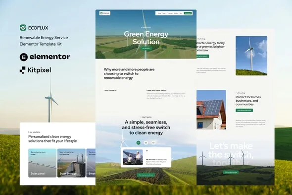 ecoflux renewable energy solar panel elementor template kit 1