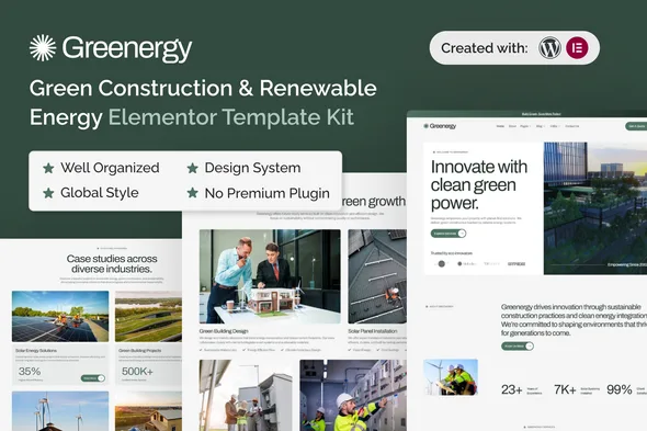 greenergy green construction renewable energy elementor template kit 2