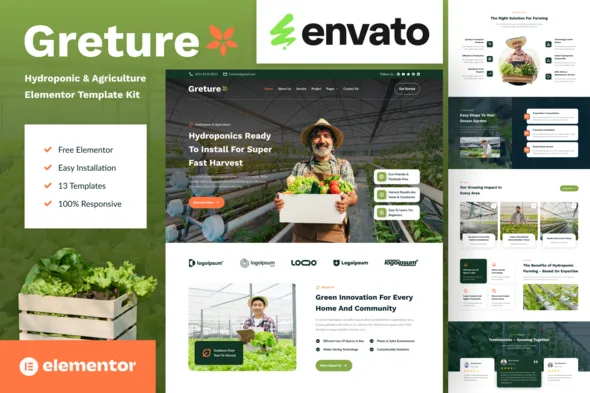 greture hydroponic agriculture elementor template kit 1