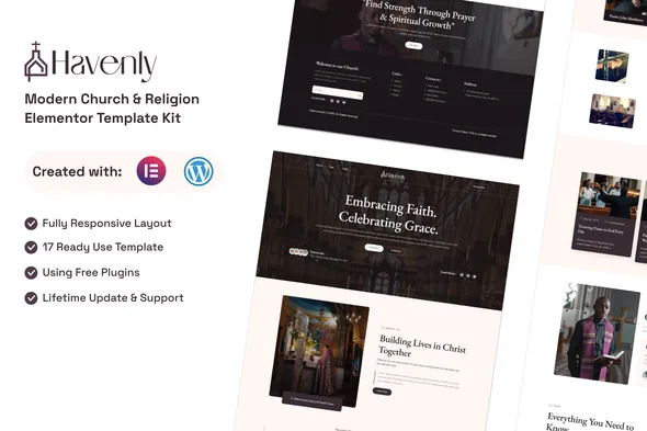 havenly modern church religion elementor template kit 1