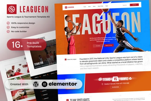 leagueon sports league tournament elementor template kit 1