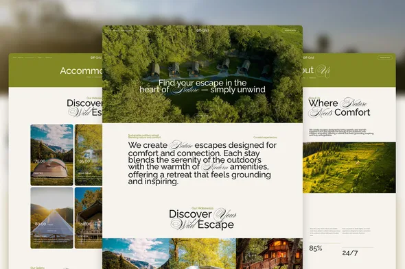 off grid modern natural glamping elementor template kit 1