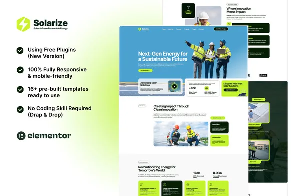 solarize solar green renewable energy elementor template kit 1