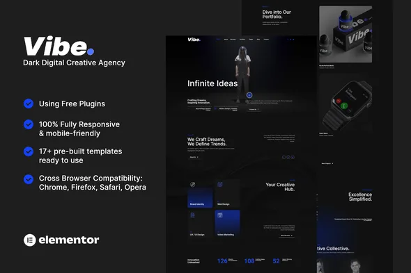 vibe dark digital creative agency portfolio elementor template kit 1