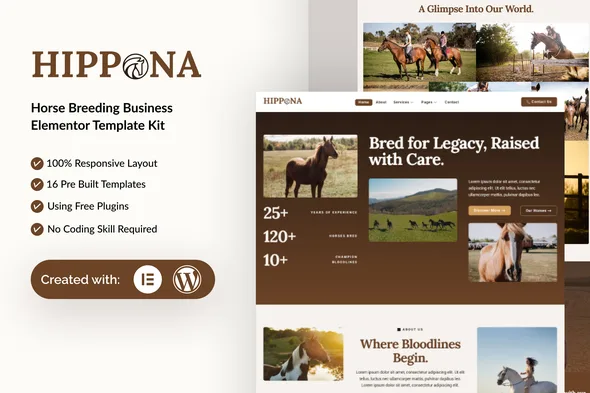 hippona horse breeding business elementor template kit 1