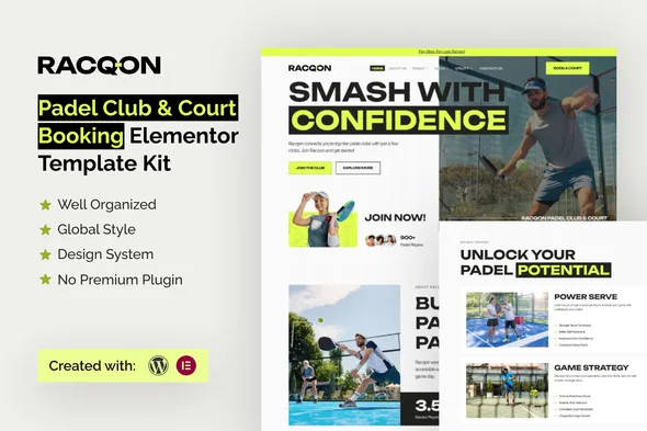 racqon padel club court booking elementor template kit 1