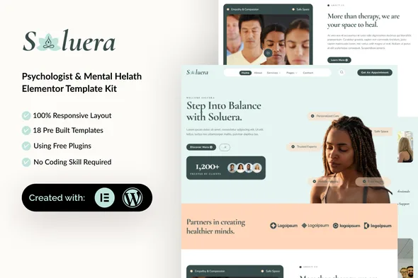 soluera psychologist mental health elementor template kit 1
