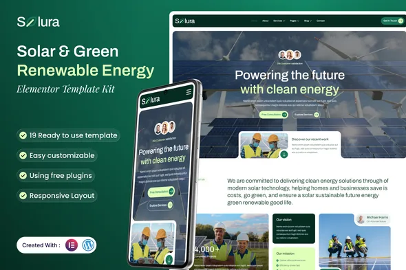 solura solar green renewable energy elementor template kit 1