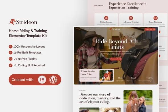 strideon horse riding training elementor template kit 1