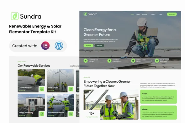 sundra renewable energy solar elementor template kit 1