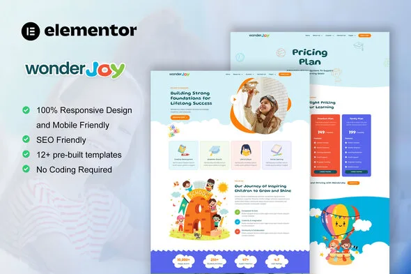 wonderjoy kindergarten child care elementor pro template kit 1