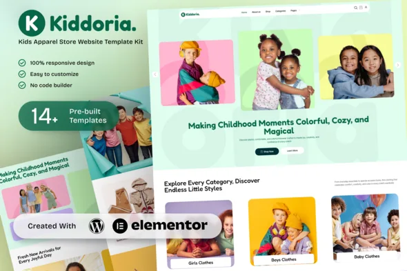kiddoria kids apparel store elementor template kit 1