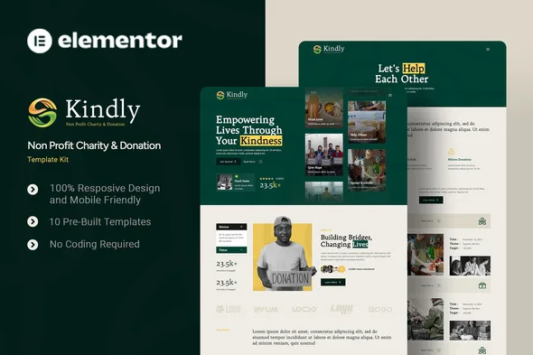 kindly non profit charity donation elementor template kit 1