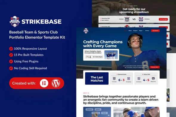 strikebase baseball team sport club elemtor template kit 1