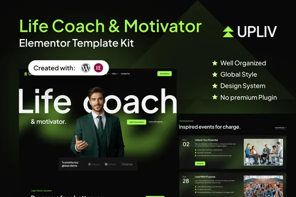 upliv life coach motivator elementor template kit 1